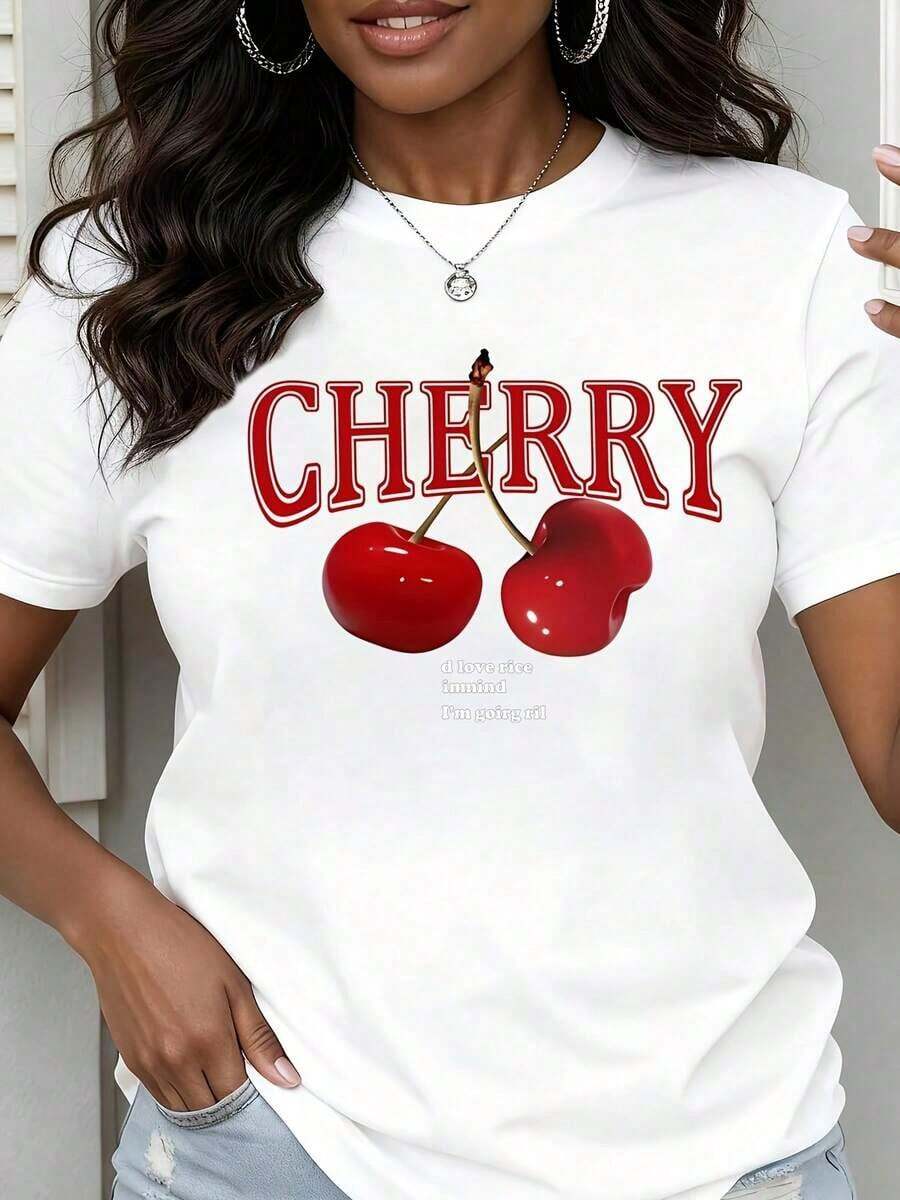Camiseta de Cuello Redondo para Mujer con Estampado de Cerezas y Texto, Manga Corta para Uso Casual - Blanco - Ver 1