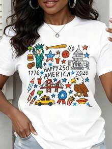 Camiseta de Cuello Redondo para Mujer, Día de la Independencia de Estados Unidos 1776 a 2026, Feliz 250 Aniversario de América, Íconos Patrióticos, Estatua de la Libertad, Águila, Edificio del Capitolio, Puente Golden Gate, Camiseta Casual de Manga Corta para Celebrar el Día Nacional de Estados Unidos. - Blanco - Ver 7