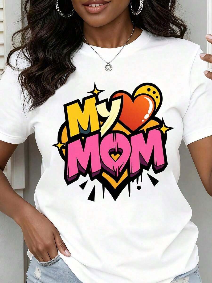 Camiseta de Cuello Redondo para Mujer con Estampado de Corazón de Mi Mamá, Estilo Pop Art, Manga Corta, Ropa Casual para Regalos del Día de la Madre - Blanco - Ver 1