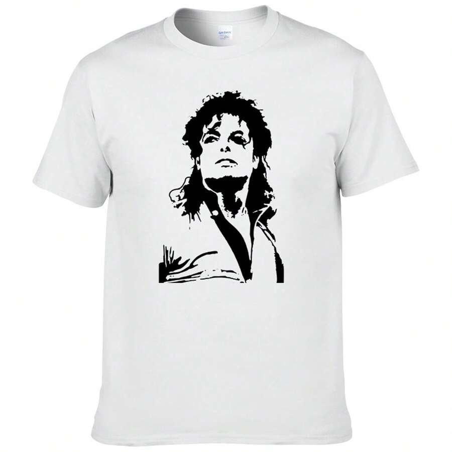 Camiseta de punto informal de manga corta para mujer con estampado de King of Pop, largo regular, tejido ligeramente elástico. - Blanco - Ver 1