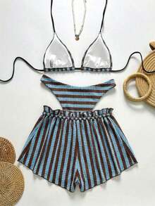 Swim Chiccia Conjunto de shorts y vestido de playa a rayas para vacaciones de mujer - Multicolor - Ver 2