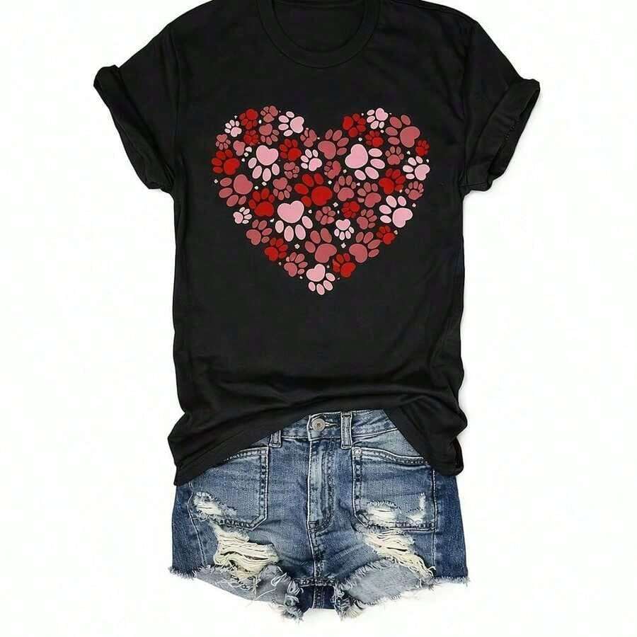 Camiseta Casual de Mujer para el Día de San Valentín con Estampado de Corazón y Huella de Pata - Gris, Manga Corta, Cuello Redondo, Lavable a Máquina, Ropa para Amantes de Mascotas, Cuatro Estaciones, Tela Opaca - 1XL-5XL, Domingo de Pascua, Diseño Limpio, Uso Diario, Resistente a la Decoloración, Para Adultos - Negro - Ver 1