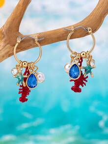1 Pair Fashionable Summer Beach Vacation Style Red Lobster Element Women Charm Hoop Earrings Decorated With Starfish And Faux Pearl, Suitable For Daily Wear Or Vacation - Multicolor - View 2