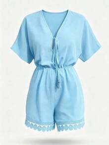 Traje de Baño Lushoire para Mujer, Verano, Playa, Manga Murciélago, Cuello en V, Lazo con Borlas, Patchwork, Ribete de Encaje Redondo, Pantalones Cortos - Celeste - Ver 6