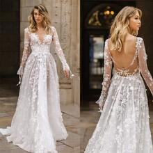 Women's Lace Long Sleeve Wedding Dress, Deep V Neck A-Line Bridal Gown, Floral Applique Tulle Maxi Dress - trắng - Xem 3