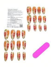 24片杏仁形短款按压式美甲贴片，绿色花卉和金色牡丹/菊花图案，亮面，3D水钻装饰，可拆卸甜美兰花风格假指甲，适合春秋季节，美甲用品 - 綠色 - 查看 2