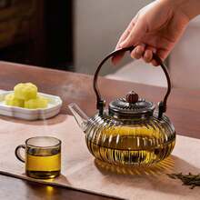 1pc 900ml High Borosilicate Glass Teapot, Pumpkin Shaped Design With Striped Pattern, Reusable English Afternoon Tea Pot, Suitable For Home, Restaurant, Party, Mother's Day, Halloween Gift - Multicolor - View 7