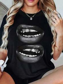 Camiseta de Mujer Estilo Vintage Urbano con Estampado Gráfico de Labios y Dientes Dorados, 220g, Verano, Casual, 100% Algodón, Cuello Redondo, Corte Holgado, Top Negro, 100% Algodón Transpirable - Negro - Ver 12