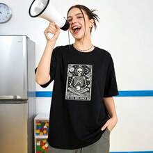 Women's Summer Clothing, Casual Soft Cotton T-Shirt With Round Neck, Tarot Card Print, Meditating Skull And The Dreamer. Black. - 黑色 - 查看 2