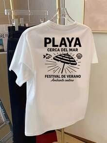Camiseta de Fiesta de Playa para ujer con Estampados de Verano en Frente y Espalda - anga Corta, Cuello Redondo, Top Casual para Vacaciones, Diseños Dobles de Palmeras y Océano, Ajuste edio Elástico para Outfits de Primavera, Verano y OtoñoTraje de playa para damas / Chica veraniega / Estilo vacacional con plantas tropicales verdes / Paseo por la playa, edición limitada de verano / Versión fresca y cómoda para viajes de verano - Blanco - Ver 2