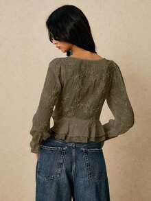 Blusa blanca de manga larga, tela bordada, camisa de otoño e invierno, exquisita y elegante, diseño de lazo central, costura de encaje, blusa de moda sexy con escote en V profundo y bordado floral delantero, adecuada para uso diario, salir, citas, vacaciones, fiestas, etc.Ropa de mujer de otoño - Marrón Mocha - Ver 6