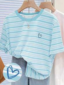 Camiseta de cuello redondo casual con estampado digital a rayas y bordado de fresa, regalo para amigos - Multicolor - Ver 5