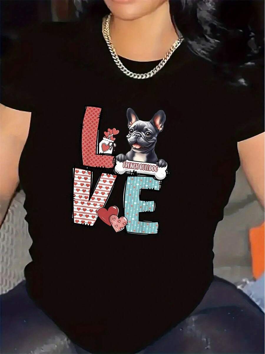 Camiseta de manga corta con un adorable diseño de perro| Cómodo, duradero, de tela suave, ideal para ocasiones informales, top elegante y ligero para uso diario, cuello redondo, tela de elasticidad media, estampado. - Negro - Ver 1