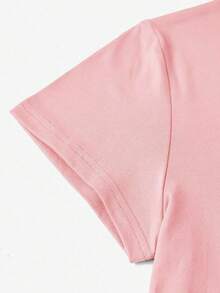Camiseta de mujer manga corta 100% poliéster, cuello redondo, estampado romántico de letras y postres al estilo francés, estilo casual, lavable a máquina, verano 2026, ideal para viajes y uso diario - Rosa - Ver 3