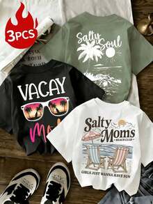 camisetas de verano Prenda individual, no un conjunto de 3 piezas, 1 piezas/set de camisetas de manga suitable for streetwear, Top oversized cuello redondo daily outings, camping, concerts, hip-hop, rock, and rap events para mujer con estampado de letras, holgadas y casuales, versátiles para uso diario y atuendos de vacaciones - Blanco - Ver 7