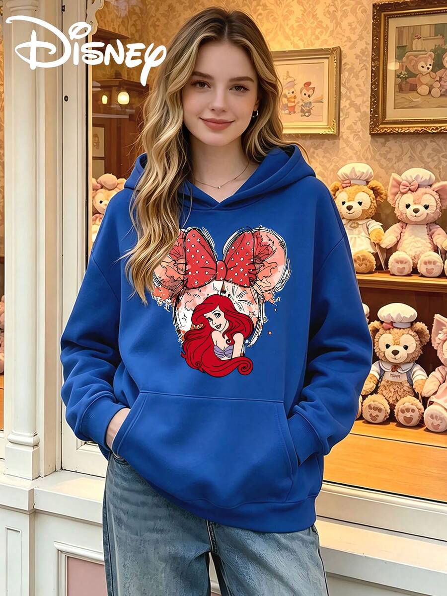 Women's Winter Fashionable Long-Sleeve Hoodie, Made Of Soft And Comfortable Fabric, Suitable For All Seasons, Versatile For Various Occasions, Printed With Disney The Mermaid Ariel And Minnie Mouse Ear Pattern. - 藍色 - 查看 1