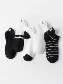 1雙/5雙春夏黑白刺繡熊貓條紋低筒短襪，防滑男孩女孩通用，簡約日常校園運動健身百搭，親膚柔軟舒適吸汗透氣防臭，男女款 - 黑與白 - 查看 1