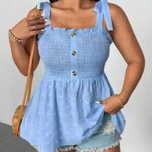 Plus Size Women's Solid Color Front Gathered Patchwork Textured Fabric Shoulder Strap Blouse - Azul - Ver 1