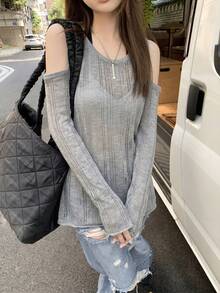 2026夏季新款白色菱形镂空针织短袖上衣，纯甜美可爱少女风短款T恤，优雅休闲时尚Y2K复古风，适合通勤、约会、返校、度假、派对、婚礼等场合。 - 灰色 - 查看 4