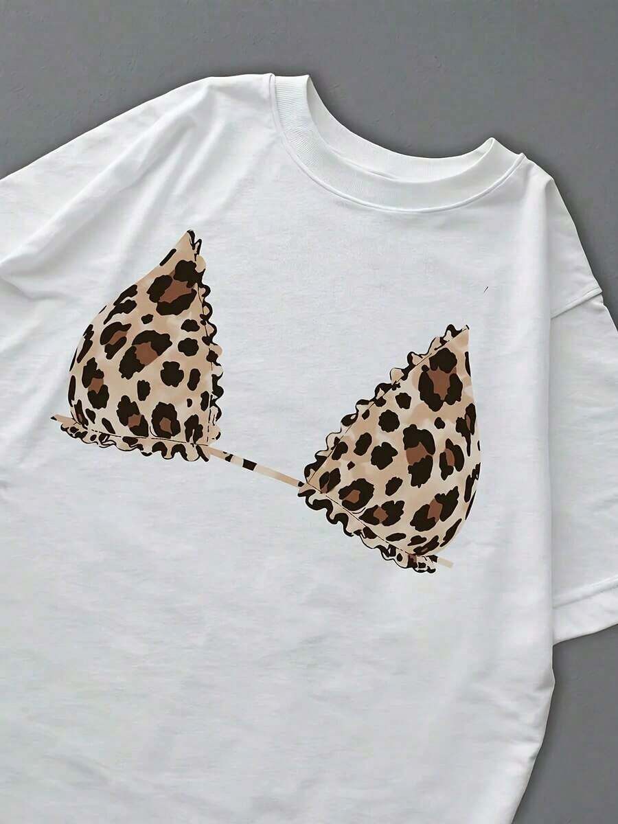 1 camiseta de manga corta con cuello redondo, corte holgado, dobladillo con volantes y estampado de leopardo blanco. 180g 100% algodón. - Blanco - Ver 1