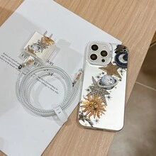 6合1套組：銀色星球與星星圖案手機殼 + 充電頭保護套 + 線材保護套 + 收納繩 + 數據線收納繩，TPU 防震保護殼，相容 iPhone 6-16 Pro Max，適合作為情侶、女兒、女朋友、青少年的生日與聖誕禮物 - 彩色 - 查看 3