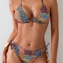 Bikini Set With Vintage Floral Print, Strapless Triangle Top And Lined Briefs, Two-Piece Set In Pink - Red Stamp - View 3