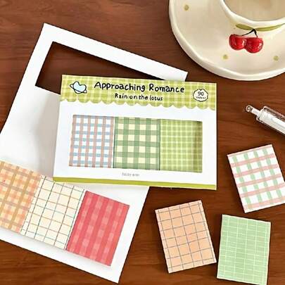 90 Sheets Fresh Plaid Memo Pad Set, 3 Different Plaid Designs, Soothing Color Scheme, Suitable For Classroom Notes, Journaling, Office File Marking, Memo, Compact And Portable, Applicable For Students, Planner Lovers, And Office Workers, Stylish And Practical Stationery For Learning, Working, And DIY Journaling