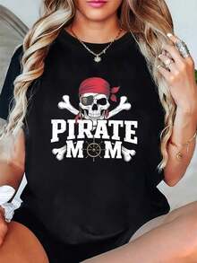 1 camiseta con estampado de calavera de mamá pirata, cuello redondo casual, tela de alta elasticidad, manga corta, perfecta para primavera/verano, regalo festivo, diseño de patrón audaz, 180g 100% algodón. - Negro - Ver 6