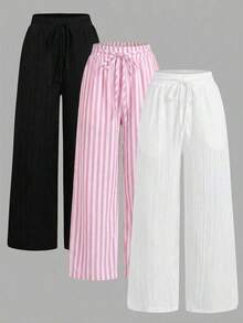 Set de 3 pantalones rectos sueltos de cintura alta con cordón y bolsillos, de unicolor y versátiles, adecuados para primavera/verano - Multicolor 4 - Ver 11