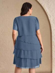 Reflora Vestido de moda con cuello redondo, mangas con volantes y estampado floral para mujer de talla grande - Niebla azul - Ver 2