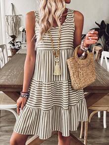 Vestido casual de mujer a rayas para vacaciones, de estilo minimalista y apropiado para el verano - Café 2 - Ver 3