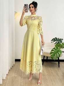 Vestido largo de manga larga con parches de bordado de ojal amarillo para mujeres - Amarillo - Ver 2