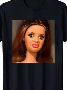 Camiseta divertida con meme de cara de muñeco repugnante, camiseta gráfica humorística con cara de muñeco expresiva y ojos expresivos, manga corta, cuello redondo. - Negro - Ver 6