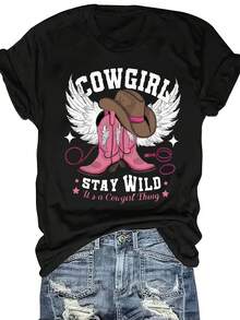 Plus Size - Plus Size - Plus Size Graphic Print T-Shirt, Short Sleeve Crew Neck Casual Top For Summer & Spring, Women'S Plus Size Clothing - Black - View 2