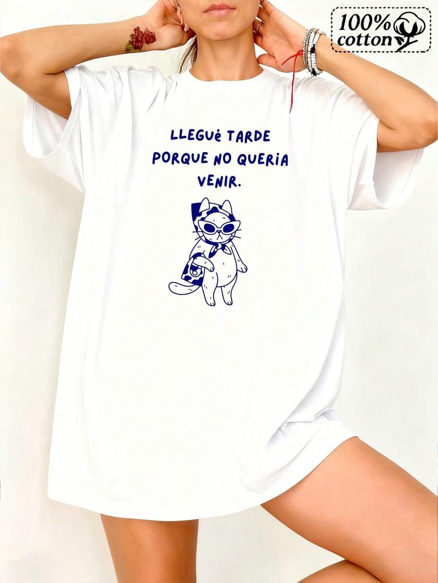 Moda Mujeres Camiseta Blanca Frontal Impresión Gato Y Texto gue Tarde Porque No Queria Venir Cómodo Casual Daily Wear