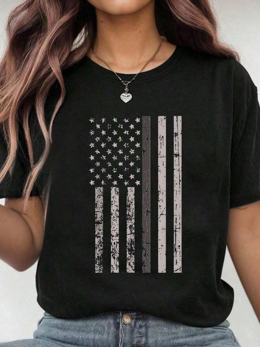 1 Piece, 100% Cotton, Unisex T-Shirt With US Flag Print, Classic And Comfortable Style, Crew Neck, Plus Size, T210g, 100% Cotton, Designs Are Printed. Unisex. - 黑色 5 - 查看 1