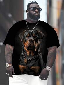 Camiseta de talla grande para hombre con estampado de perro Rottweiler, cuello redondo elegante, 100% fibra de poliéster, ropa masculina imponente, TALLA PLUS - Negro - Ver 3
