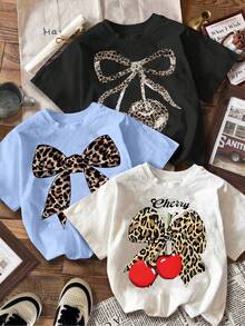 Camiseta Casual de Mujer con Estampado de Leopardo, Cerezas y Lazo, Cuello Redondo, Conjunto de 1 Pieza - Blanco - Ver 1