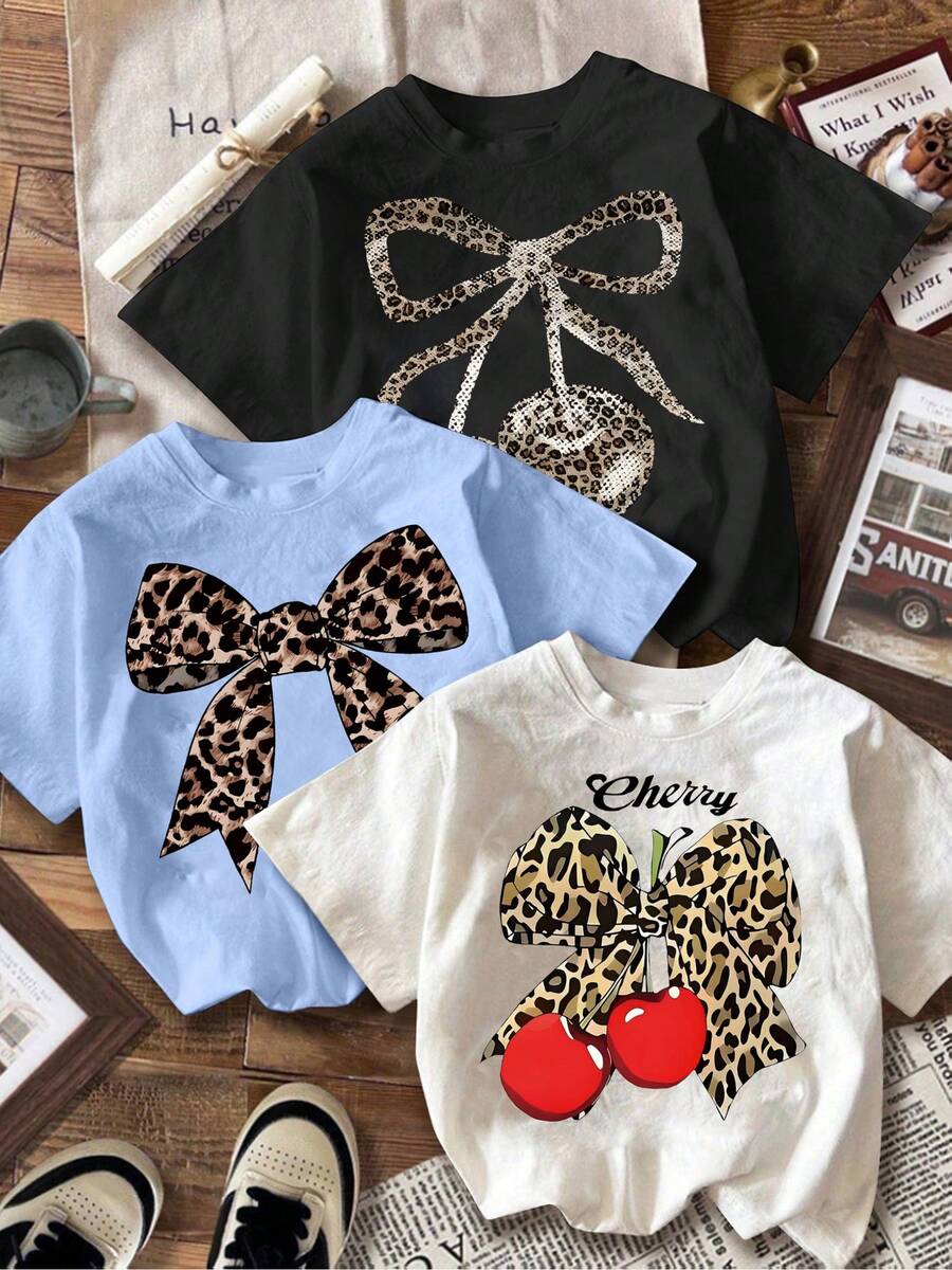 Camiseta Casual de Mujer con Estampado de Leopardo, Cerezas y Lazo, Cuello Redondo, Conjunto de 1 Pieza - Blanco - Ver 1