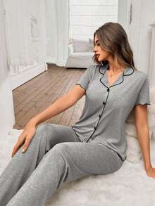 Mono de verano de punto ligero y suelto con volantes, de tela roja, de estilo casual y holgado para mujer - Gris Claro - Ver 2