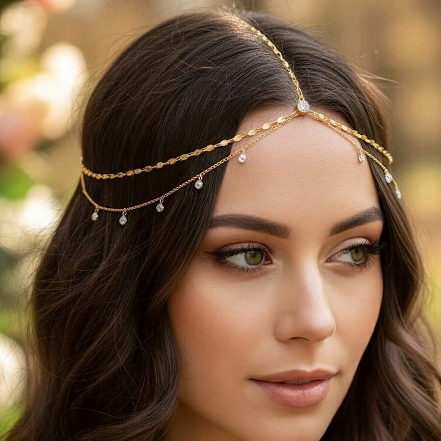 1pc Sequin Tassel Headband, Bridal Head Chain Headpiece, Gold Bohemian ...