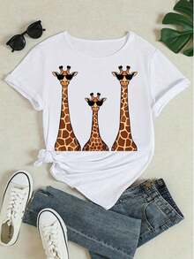 ropa de mujer Camiseta de manga corta con cuello redondo y estampado gráfico de jirafa, camiseta informal de corte holgado para verano con divertido estampado de gafas de sol de animales, para uso diario, suave y cómoda, camiseta básica para mujer, tops para mujer, camisetas para mujer, ropa para mujer, tops para mujer, blusas y camisetas, camiseta para mujer, ropa con motivos para mujer, ropa de verano, conjuntos de primavera para mujer, camisetas gráficas para mujer, top, tops de verano, camisas de mujer - Blanco - Ver 4
