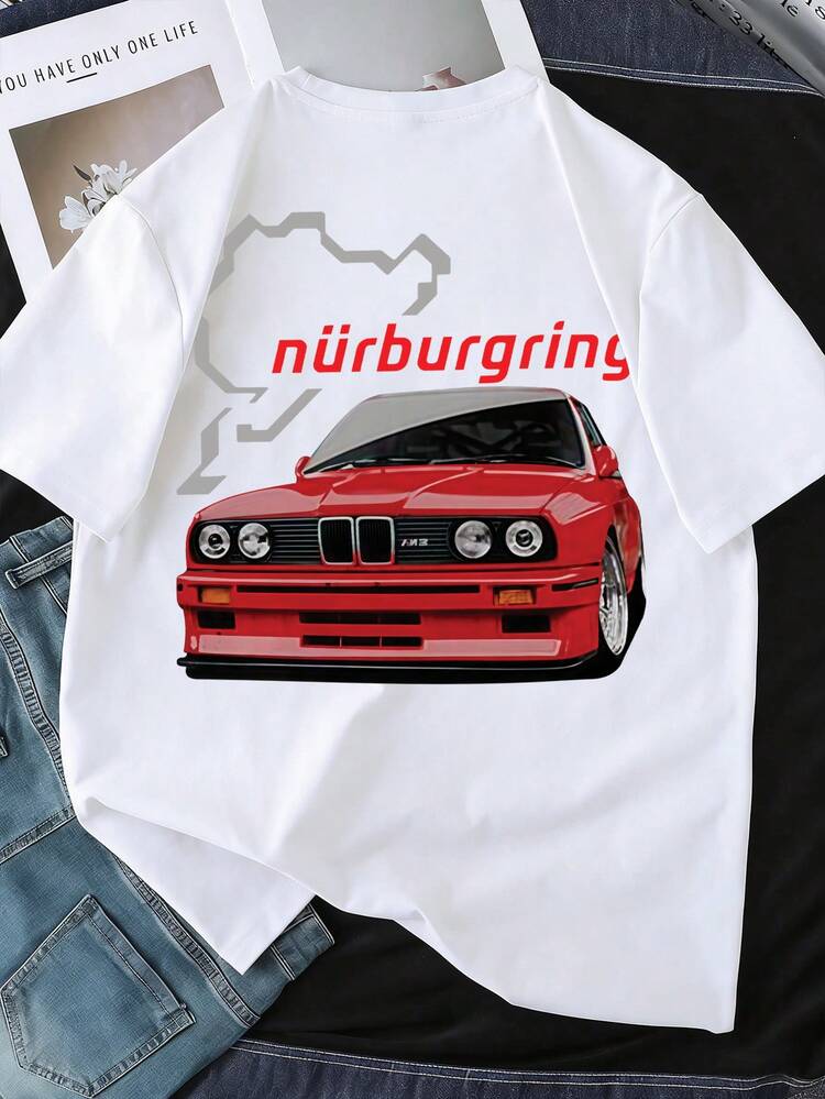 Cotton, Black, With Nürburgring Racing Design, Loose Fit, Short Sleeve, Pure Cotton, New Spring/Summer Collection, Men's Sportswear, Stylish, Soft And Breathable. - 酒紅色 - 查看 3