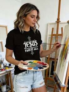 Camiseta de mujer moderna, informal, para fiestas y para estar en casa, 100% algodón, corte holgado. . [ReligiousGraphicTee]Camiseta Casual de Manga Corta con Cuello Redondo para Mujer, Estampado de Jesús de Navidad con Diseño de Cruz 'JESUSPAIDITALL', Tejido Suave y Elástico, Lavable a Máquina, para Verano, Estilo Urbano Vintage, Unisex, Camiseta Holgada de Algodón de Manga Corta con Cuello Redondo - Negro - Ver 4