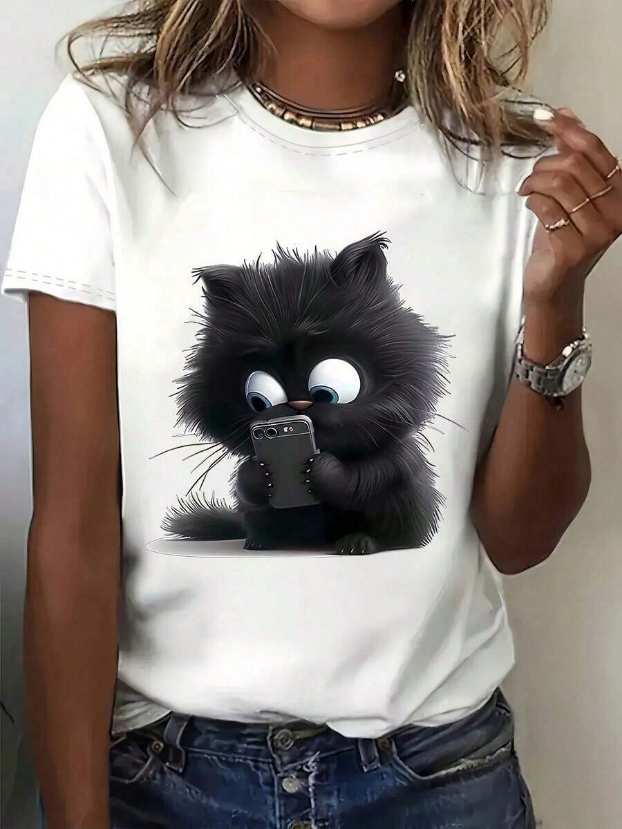 1 pieza de camiseta blanca para mujer con estampado de gato negro, cuello redondo, camiseta casual de algodón, tejido de punto de elasticidad media, corte regular para damas, para primavera/verano/otoño, 180g, 100% algodón suave. - Blanco - Ver 1