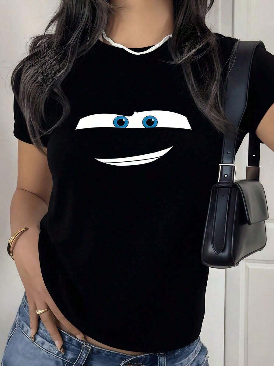 Graphic Of Bright Blue Eyes And Cheerful Smile Conveying Positive Energy For Outdoor Adventures. Women's Outdoor T-Shirt, 100% Cotton - 黑色 - 查看 1