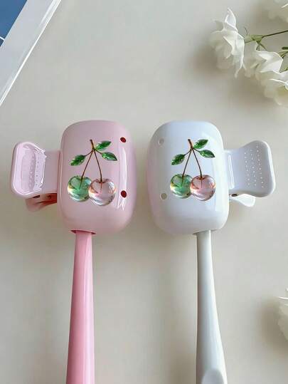 2 Packs Crystal Cherry Design Dopamine Toothbrush Holder-Cute Beautiful Cherry Pattern, Home Organizers, Toothbrush Clip And Cartoon Protective Cover Set, Compact And Portable Design For Easy Carrying, Protects Toothbrush Head, Features Dual Holes For Drainage And Ventilation,For Home, Dorm & On-The-Go Use | Cute Toothbrush Head Holder For Bathroom Organization, Ideal For Home, Dorm