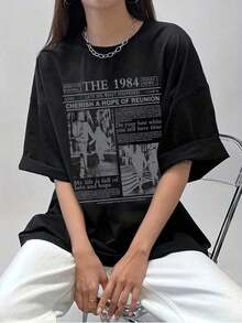 Women's T-Shirt | Casual Loose Fit Short Sleeve T-Shirt | Geometric Lip Print With Check And Diamond Pattern, Crew Neck, Breathable, Sweat-Wicking, Soft Fabric, Suitable For Daily Commutes, Lounging At Home, And Casual Wear. | Vintage Style, For All Seasons, Crew Neck. Comfortable And Lightweight - 黑色 - 查看 7