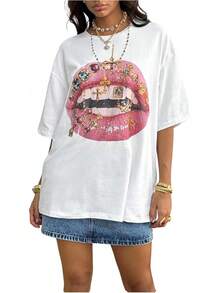 Camisetas unisex de manga corta, camisetas con estampado de labios estilo Y2K para mujer, camisetas de cuello redondo y manga corta, tops de ropa urbana, playeras hombre, spiderman, ,  mujer, romwe men, boho chic, regalos para maestros, camisetas de mujer, conjuntos curvy para hombre, y2k. - Blanco - Ver 6