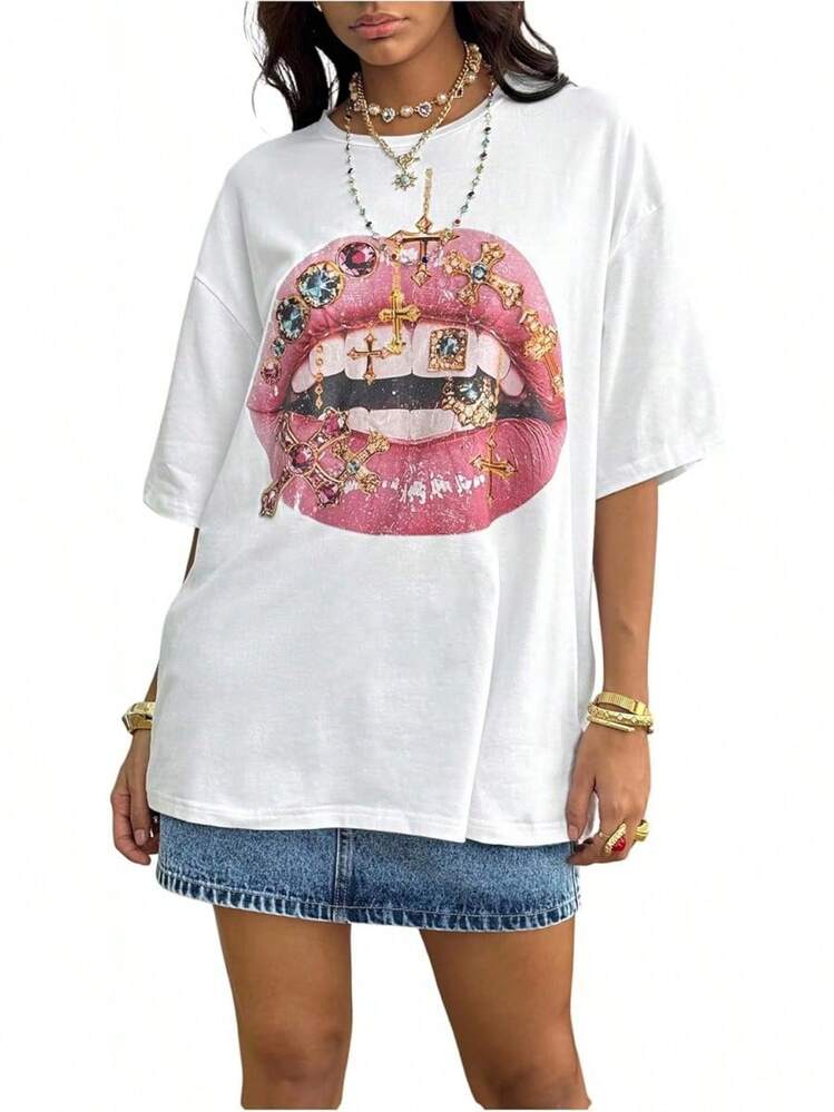 Unisex Short-Sleeved T-Shirts, Y2K Style Lip Print T-Shirts For Women, Short-Sleeved Crew Neck T-Shirts, Streetwear Tops, Men's T-Shirts, , Women's, Romwe Men, Boho Chic, Gifts For Teachers, Women's T-Shirts, Curvy Sets For Men, Y2K. - trắng - Xem 6